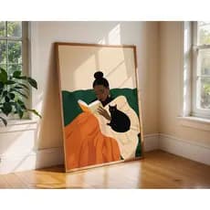 Quadro Decorativo com Moldura para Sala Quarto Escritório Minimalista Moderno - Mulher Negra Gato