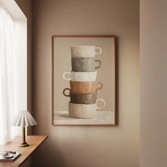 Quadro Decorativo com Moldura para Sala Quarto Escritório Minimalista Moderno - Canecas Empilhadas