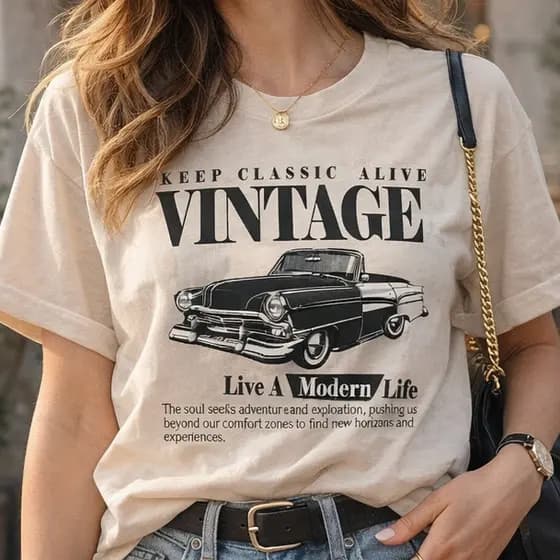 Camiseta Longa Feminina Vintage Carro Retrô Estampada Casual Moderna 100% Algodão Confortavel