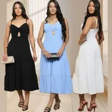 Vestido midi feminino liso tecido duna com bojo, forro, lastex nas costas e alcinha regulável