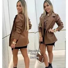 Jaqueta feminina em couro fake blazer moda inverno