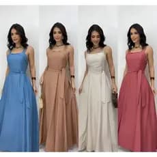 Vestido longo com bojo, bolso, elastex nas costas com cinto. Feminino Elegante versão casual
