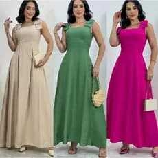 Vestido longo com laço nos ombros, bojo, forro e elastex nas costas moda evangélica, formatura, casamento, festa casual