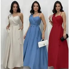 Vestido Longo em Tecido Duna linho com Laço no Ombro Único e Regulador do Outro Lado, com cinto e bolso  – muito estilo