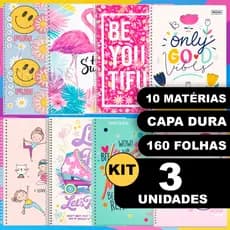 Kit 3 Cadernos 10 Matérias Capa Dura Espiral Grande Feminino Menina Material Escolar Faculdade Curso