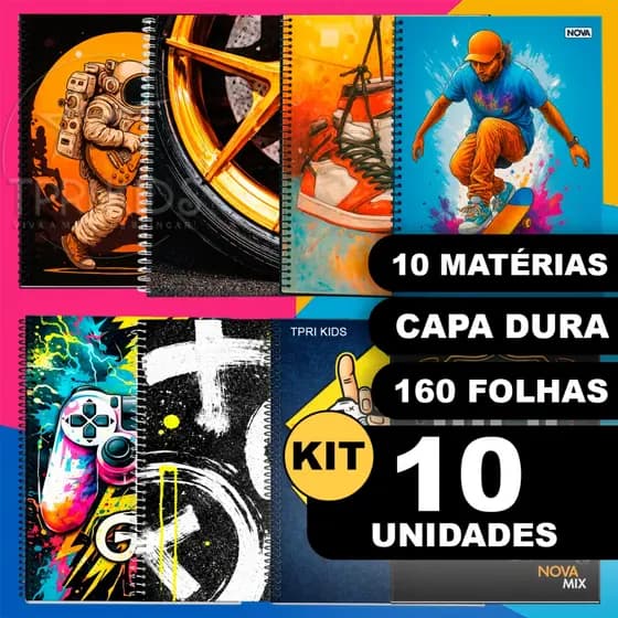 Kit 10 Cadernos 10 Matérias Capa Dura Grande Espiral Menino Material Escolar Faculdade Escola Curso