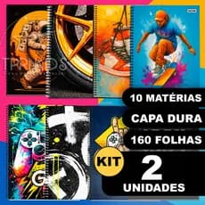 Kit 2 Cadernos 10 Matérias Capa Dura Grande Espiral Menino Material Escolar Faculdade Escola Curso
