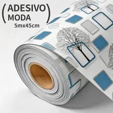 Papel de Parede Adesivo Azul 3D Moldura Quadrada e Árvore Vinílico Fácil Aplicação 5m*45cm para Decoração