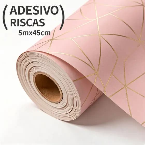 Adesivo Premium de Parede 5Metros x 45cm Lavável Zara Rosa Rose Gold linhas amareladas Quarto Sala Autocolante