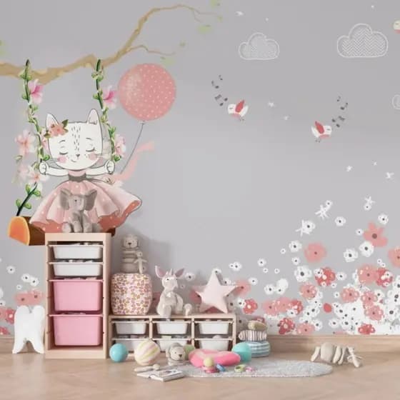 Papel de Parede Infantil Aquarela Gato no Balão Estampa Delicada Fofa Criativa