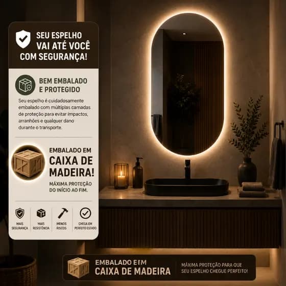 Espelho Laminado 80X20 Oval Com Led Frio e Quente - Espelho Decorativo Com LED ( Embalado em Caixa de Madeira)