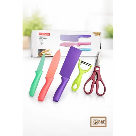 Kit de Conjunto Facas Colorida Tesoura Descascador Cozinha Gourmet 5 Peças