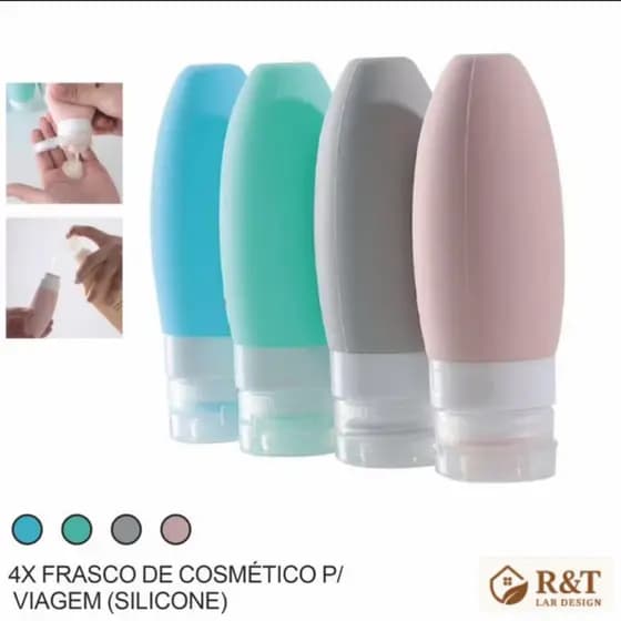 Kit 4 Frasco De Cosmetico 90ml Silicone Para Viagem Portatil Shampoo Creme Loçao Sabonete