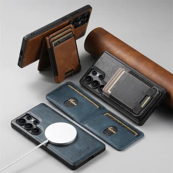 Capa De Couro De Carregamento Por Indução Com Slot Para Cartão Dividido Samsung Galaxy S26 S25 S24 S23 S22 Ultra Plus