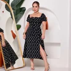 vestido midi feminino com manga curta, com forro, com fenda na frente e elastex nas costas