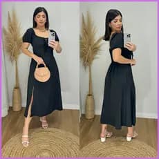 vestido midi feminino com manga curta, com forro, com fenda na frente e elastex nas costas