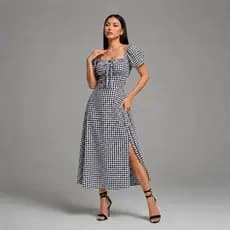 Vestido Midi Feminino Xadrez Manga Curta Com Forro Fenda Frontal Lastex Costas Elegante Casual Chic