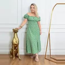 vestido midi feminino com manga curta, com forro, com fenda na frente e elastex nas costas