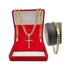 Kit 1 Corrente Cruz Banhada + Pulseira 18k De Aço Inoxidável De Alta Qualidade