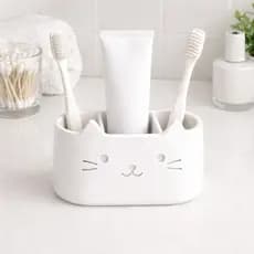 🐱 Suporte Porta Escova e Pasta Gatinho Branco | Organizador de Banheiro Decorativo