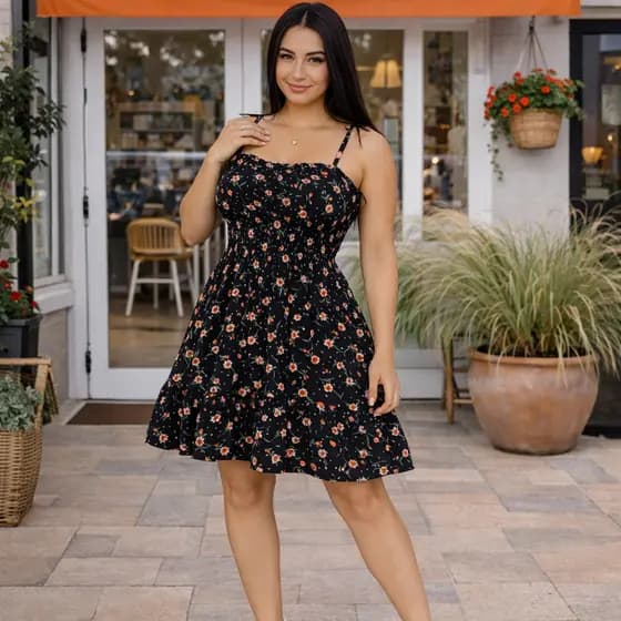 Vestido Feminino Floral Curto com Lastex no Busto Rodado de Alça Casual Elegante Confortável