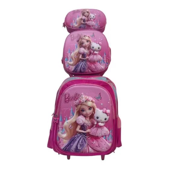 Kit Mochila Barbie Infantil Menina de Rodinhas 3D Alto Relevo com Lancheira Térmica e Estojo