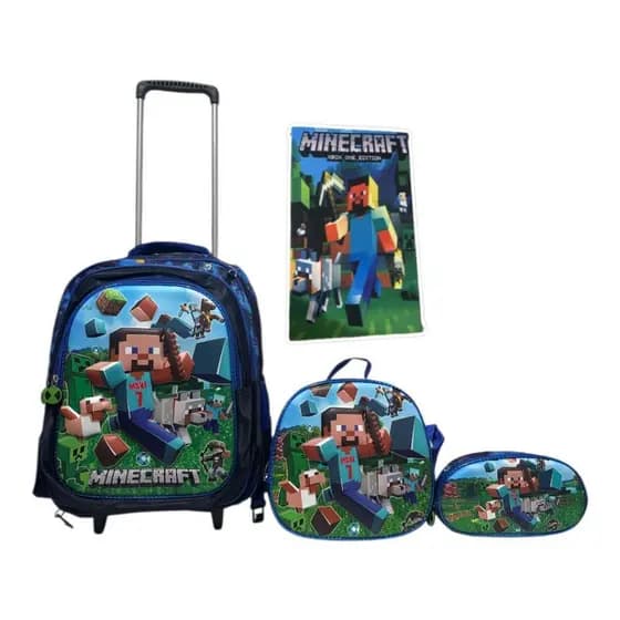 Kit Mochila Minecraft 3D Alto Relevo Infantil + Lancheira Térmica + Estojo + Toalha