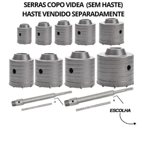 Serra Copo Videa P/ Concreto Parede 30 a 105mm Rosca M22 Haste Sds 160mm, 250mm, 400mm - Escolher