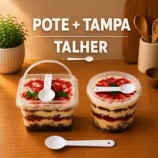 Kit 20 Potes PP 350ml Quadrado Com Tampa Lacre e Colher Acoplada Para Bolo no Pote Pudim Gourmet Doce Sobremesa