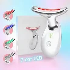 Massageador Facial LED 7 Cores - Modos, Aparelho Anti-Rugas para Rosto e Pescoço, Tratamento Estético Vibratório com Luz