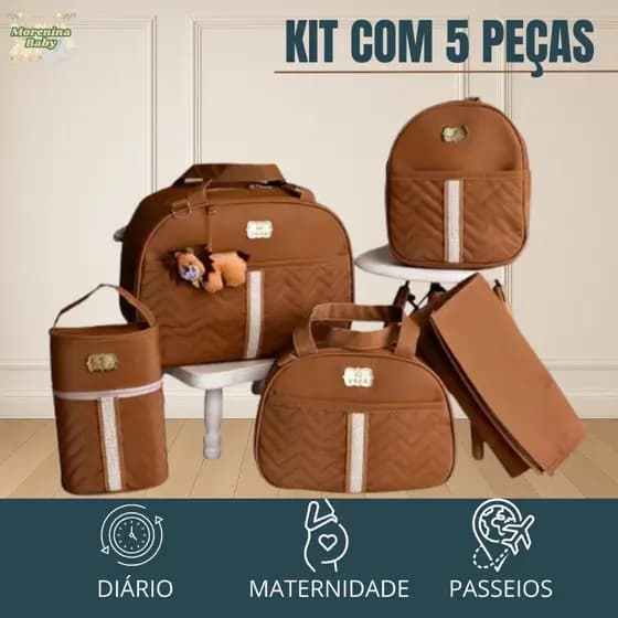 Kit 5 Peças Bolsa Saída Maternidade Para Bebê Mala Mochila e Porta Mamadeira
