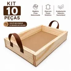 kit 10 bandeja milao milano de madeira 33x22 em Madeira Pinus alça de couro