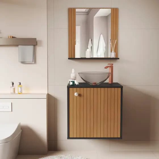 Kit Gabinete Estela Balcão Banheiro Apartamento com Espelheira e Cuba Conjunto Banheiro
