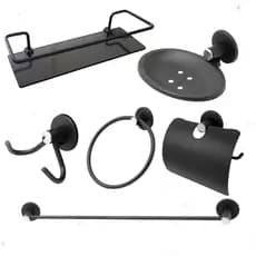 Kit Para Banheiro Completo 5 Pçs Preto Fume + Porta Shampoo Prateleira De Vidro Fumê