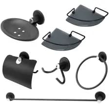 Kit Para Banheiro Aço Inox 5 Peças Stander Preto + 2 Porta Shampoo Canto