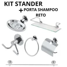 KIT ACESSÓRIOS PARA PORTA SHAMPOO BANHEIRO AÇO INOX 5 PEÇAS + 1 PORTA SHAMPOO VIDRO RETO