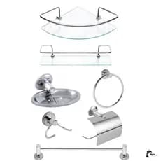 Kit Acessórios Banheiro 5 Peças Inox + 1 Porta Shampoo Canto Cantoneira + 1 Porta Shampoo Reto Vidro