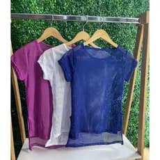 kit 3 Blusas Tela Arrastão Plus Size Feminina Roupa De Academia Fitness com Furinho Transparente