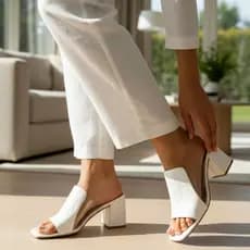 Sandália Feminina Salto Bloco 7 CM Texturizada e Transparente Confortável Elegante Leve Bico Quadrado Casual Atual