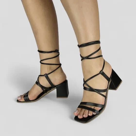 Sandália Feminina Salto Bloco 7 CM Amarração no Tornozelo Elegante Confortável Luxury Casual