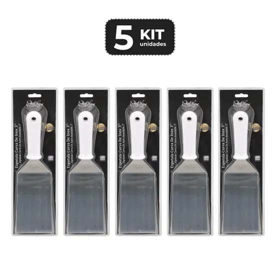 Kit 5 Espátula Curva Inox 3 Pol 28 cm Cabo PP Branco Profissional Confeitaria Cozinha