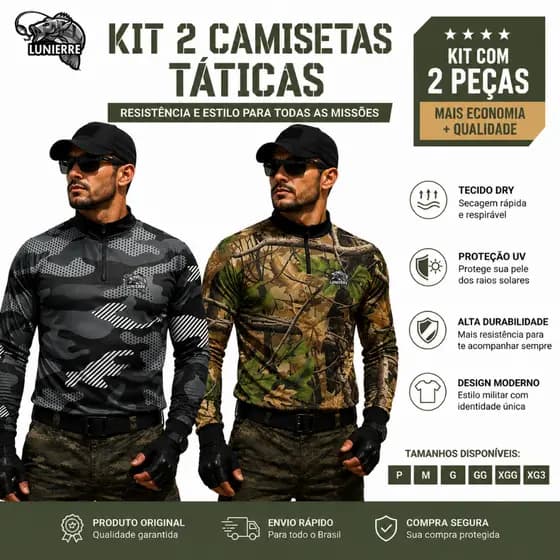 Kit 2 Camisetas Camuflada Caça e Pesca com Proteção UV
