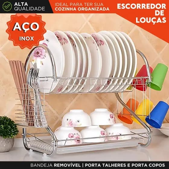 Escorredor de Louças Inox 2 Andares Duplo com Bandeja Porta Talheres e Porta Copos Para Cozinha - AV