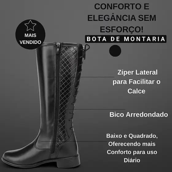 Bota Montaria Casual Elegante Feminina Cano Alto Preta com Zíper Inverno  Casual Elegante