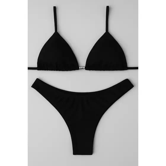 Biquini Preto Feminino Curtininha Canelado Fio Duplo Verão Piscina Bojo Removível Qualidade Praia