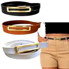 Cinto Feminino Elegante Retangular Fino Fivela Dourada