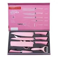 Kit de Facas de Cozinha Premium 7 Peças com Tesoura e Descascador – Rosa