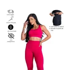 Conjunto Academia Feminino Calça Legging Com Bolso Zero Transparência E Top Nadador Corrida Treinos