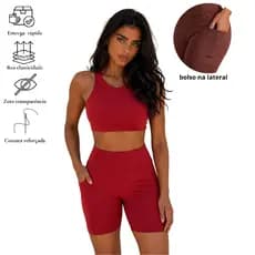 Conjunto Fitness Top Duplo e Short Forrado Feminino Cintura Alta com Bolso Zero Transparência