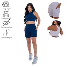Conjunto Fitness  Top com Recorte no Busto e Short Forrado Zero Transparência com Bolso Lateral